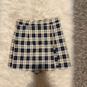 Navy Blue & Beige Plaid Pleated Mini Skirt